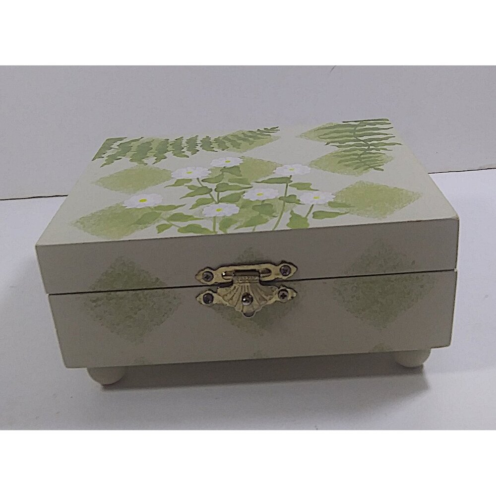 Vintage Daisy Jewelry Box 6x5x3in Wood Floral Green Leaves 1990s Trinkets